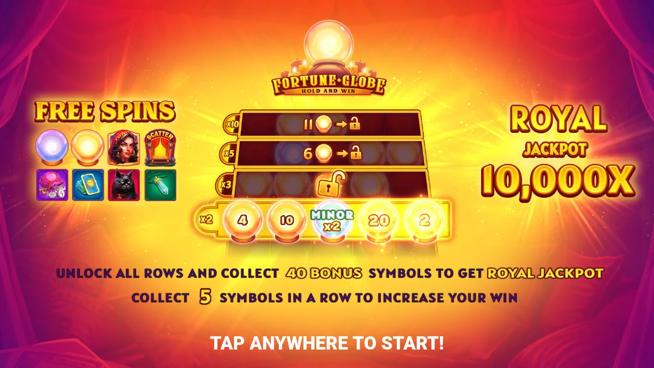 Fortune Globe Hold and Win - úvodní obrazovka s křišťálovou koulí Bonus Orbs, sadou symbolů a jackpotem Royal 10 000x