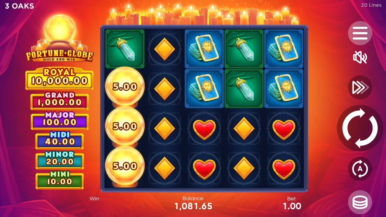 Fortune Globe při spinu 100 - probíhá Hold and Win, viditelné koule